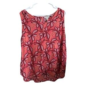 LOFT Floral Sleeveless Blouse Pink Red Ruffle Neck Tank Top Women’s XL
